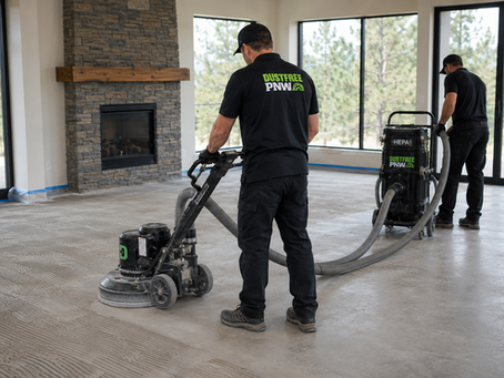 Thinset removal company grinding mortar off a concrete slab in a Central Oregon home