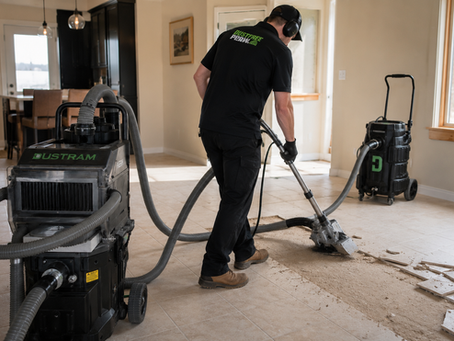 Ceramic tile removal in progress in a Central Oregon home using dust-free equipment