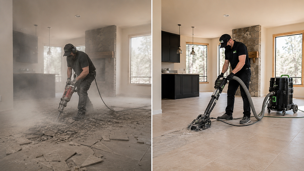 Dustless vs dust-free tile removal comparison, traditional demo creates dust cloud, DustRam certified captures 99% at source