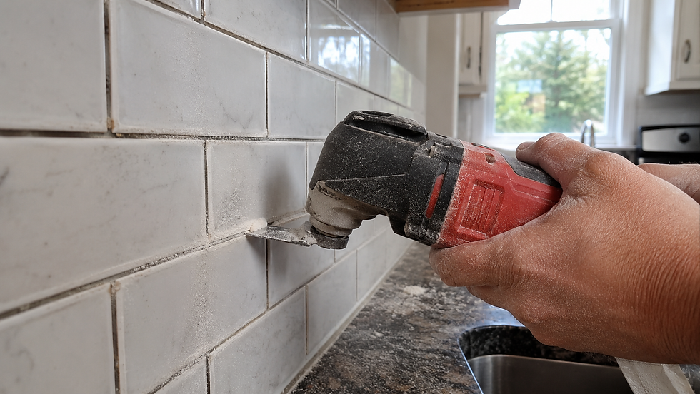 Scoring grout lines on kitchen backsplash tile before removal to protect drywall