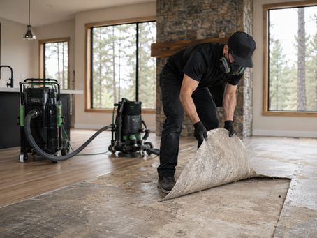 Dust-free vinyl flooring removal in a Bend Oregon home with old vinyl sections being lifted cleanly.