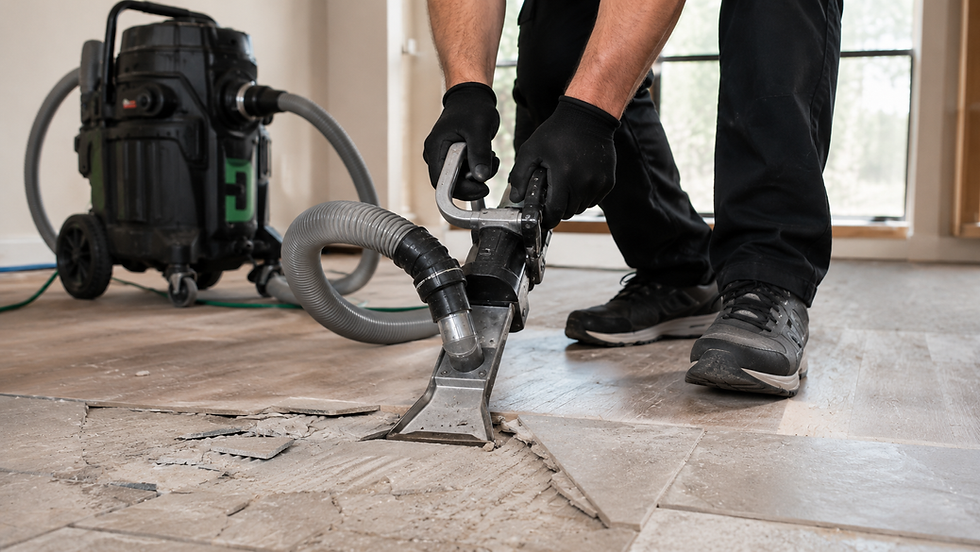 Tile removal contractor using source-capture dust-free equipment in a home