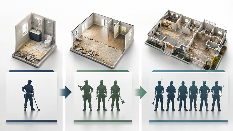 Comparison of crew size needed by project scope from single bathroom to whole-house flooring demo