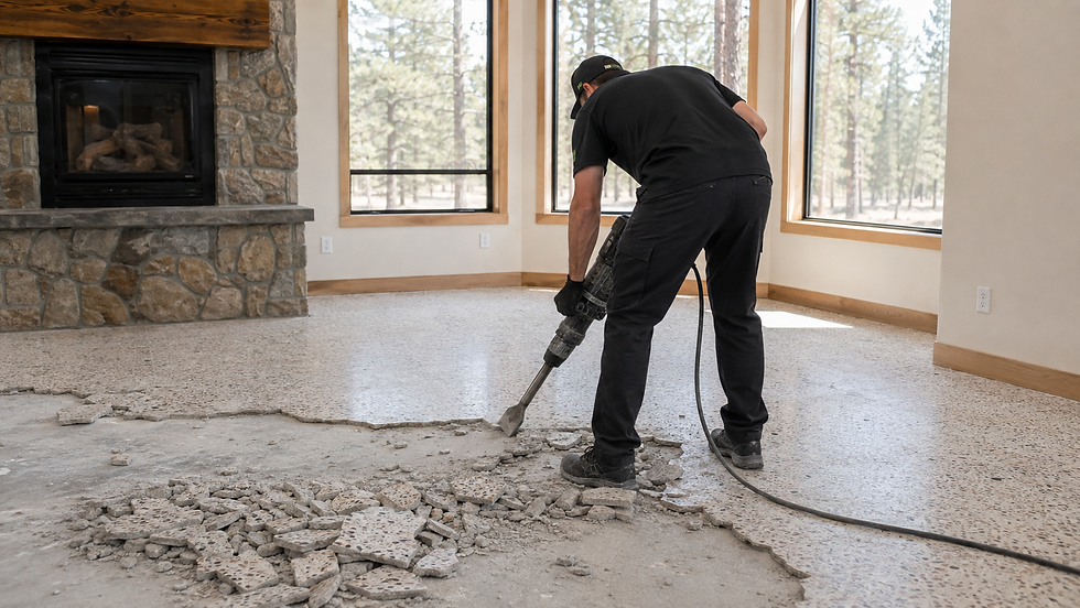 Terrazzo floor removal in progress in a Central Oregon home using demolition equipment