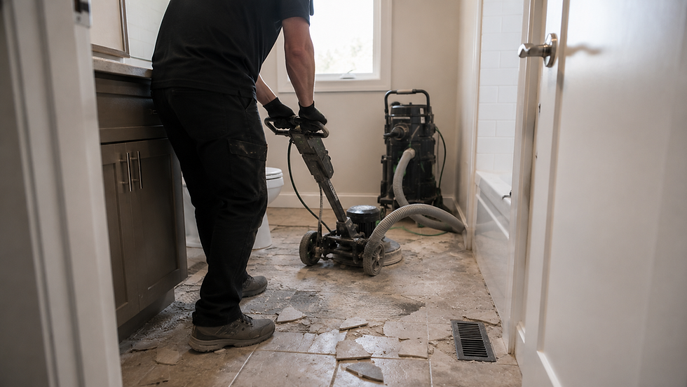 Source-capture dust control equipment during bathroom tile removal in a tight space