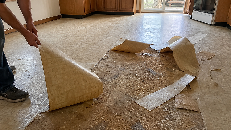 Sheet vinyl flooring removal from a kitchen or bathroom in a Central Oregon home
