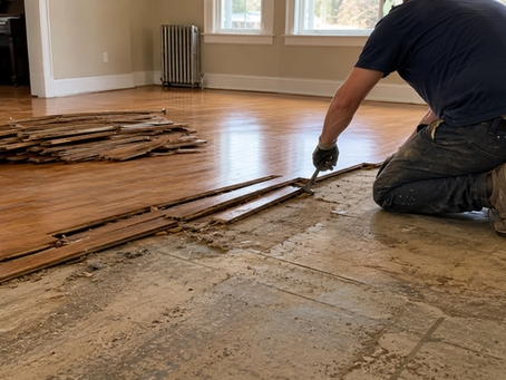 Hardwood floor removal in progress in a Central Oregon home