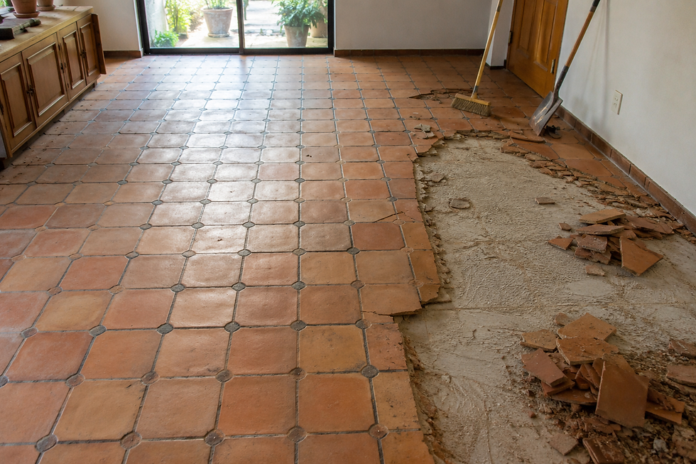 Saltillo terracotta tile removal in a Central Oregon home before remodel