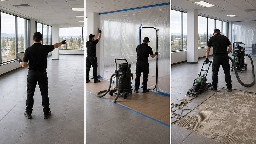 Commercial floor removal process showing site evaluation, containment, and removal phases