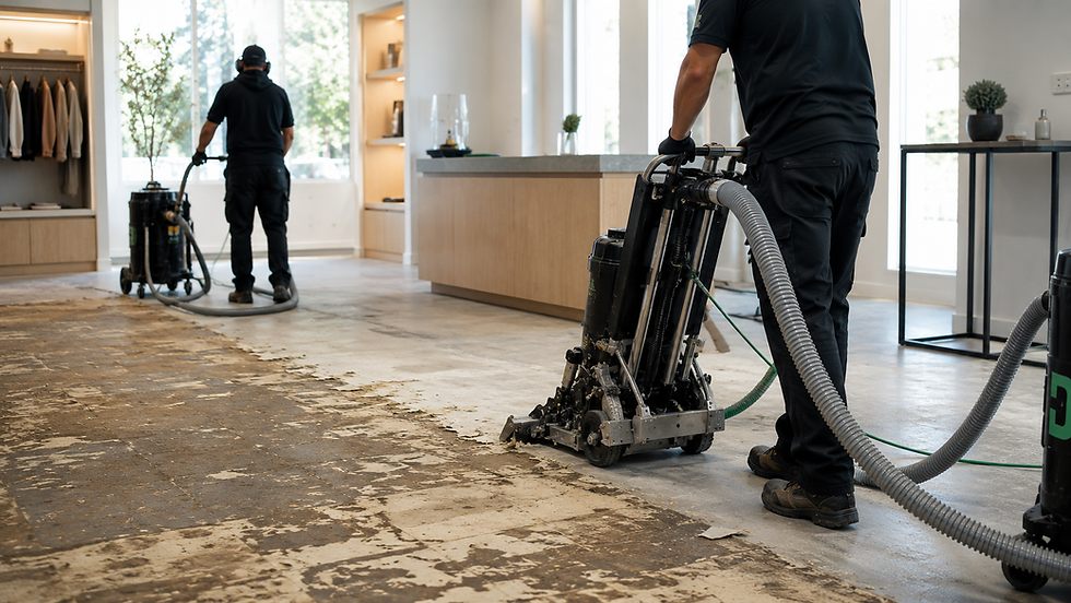 Commercial demolition crew removing flooring in a Central Oregon retail or office space