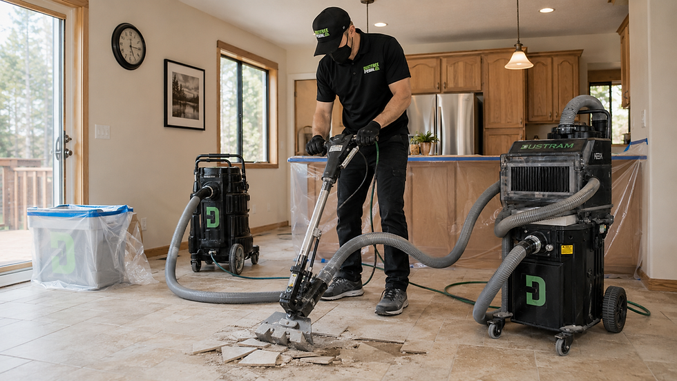 Tile floor removal in Prineville or Madras Oregon home, DustFree PNW certified dust-free demo