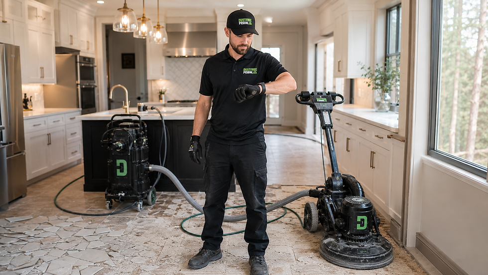 Contractor checking time during tile removal project in Central Oregon home, how long does tile floor removal take DustFree PNW