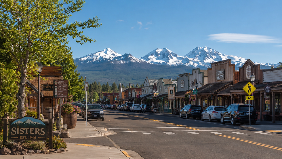 Sisters Oregon main street with Three Sisters mountains, DustFree PNW certified floor removal serving Sisters and Central Oregon