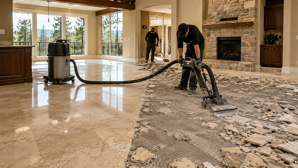 Marble tile removal in progress in a Central Oregon home showing sharp fractured fragments