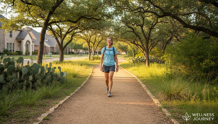 Wide-angle view of a runner walking on a shaded neighborhood trail