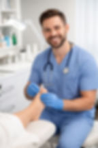 Close-up view of a podiatrist examining a patient’s foot in a clinical setting