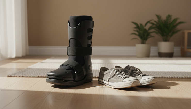 Low-angle view of a walking boot beside a pair of casual shoes.