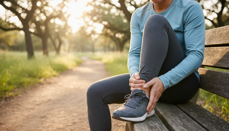 Close-up view of a runner holding the back of the heel after stopping on a trail.