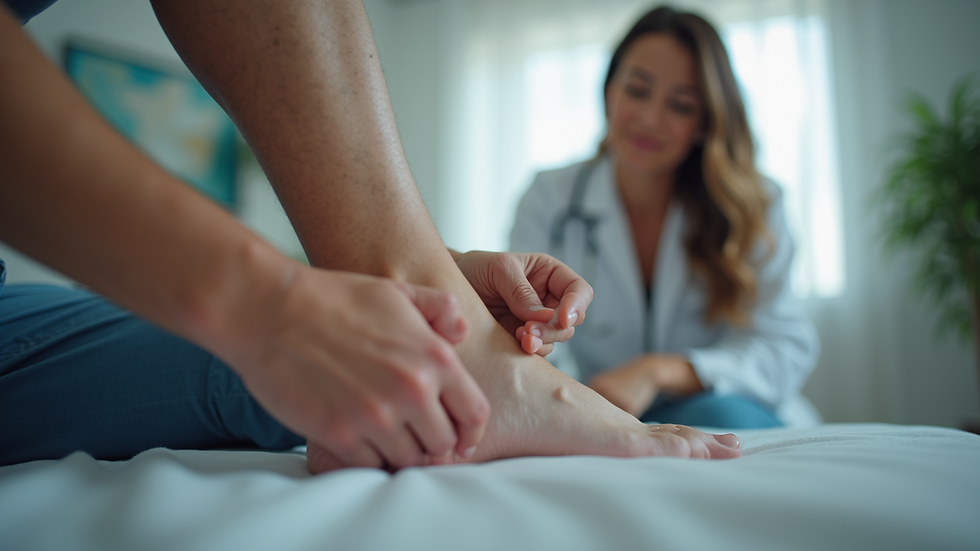 Eye-level view of a physical therapist guiding a patient through ankle exercises