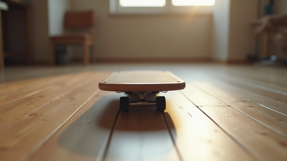 Eye-level view of a balance board on a wooden floor
