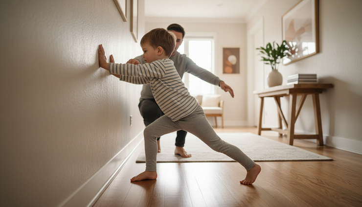 Wide-angle view of a child practicing a gentle calf stretch near a wall at home.