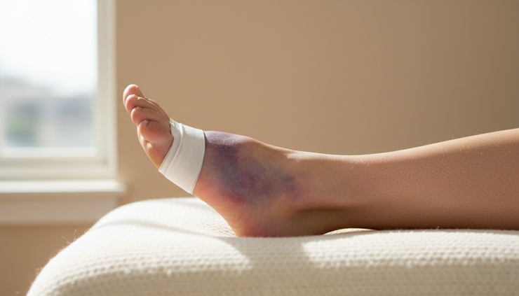 Eye-level view of a swollen ankle resting on a cushion after an injury.