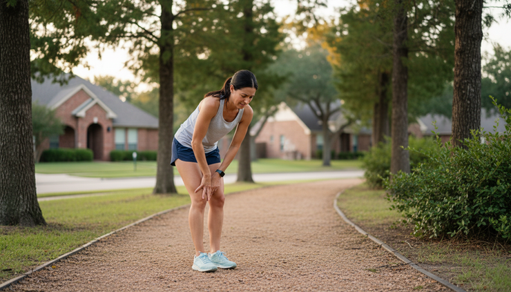 Wide-angle view of a runner slowing down on a quiet neighborhood trail while holding her lower leg