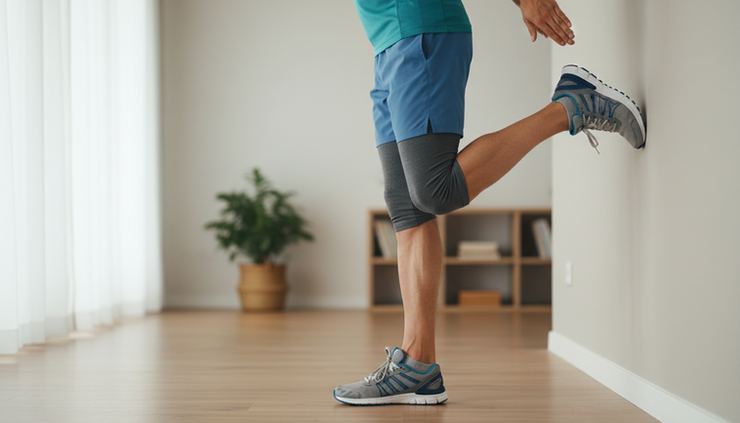 Side view of a person stretching the calf against a wall