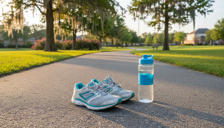 Eye-level view of running shoes on a paved path beside a water bottle