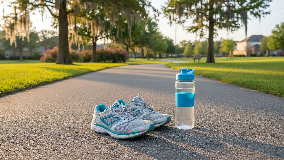 Eye-level view of running shoes on a paved path beside a water bottle