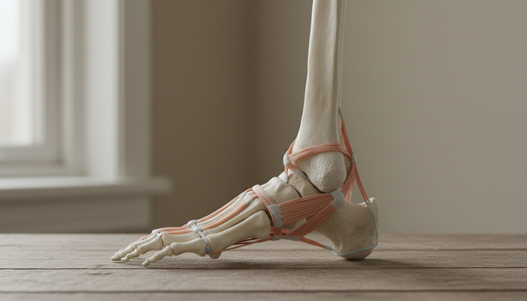 Side view of an anatomical foot model showing the ankle tendons.