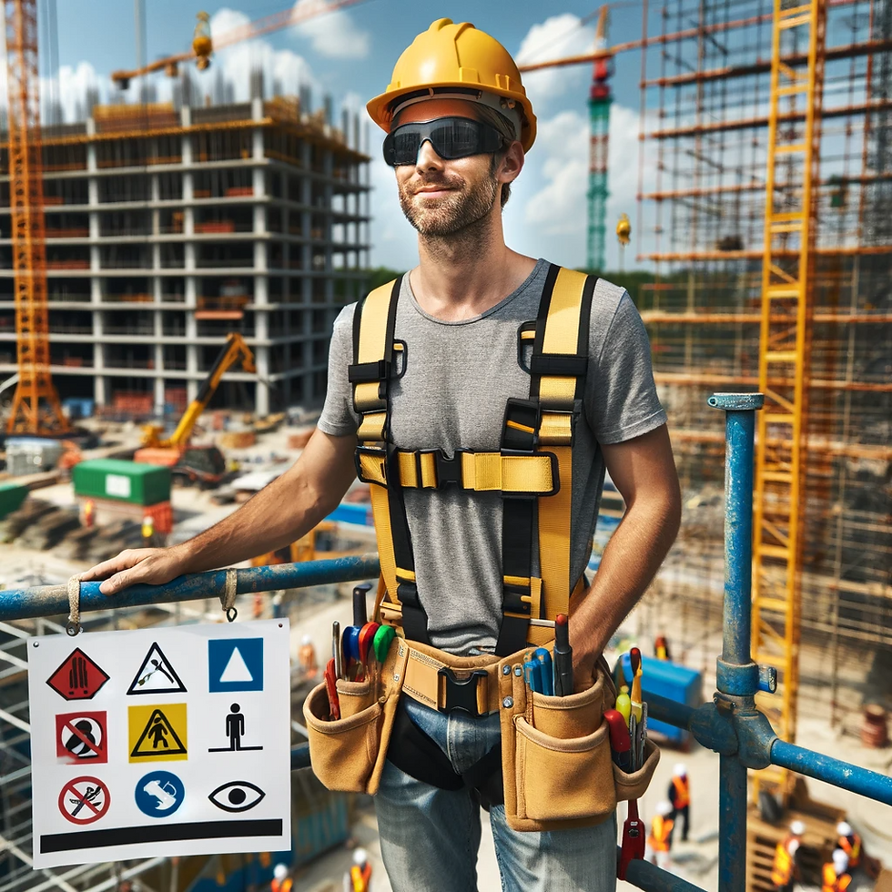 Voici une image illustrant un travailleur de la construction daltonien sur un échafaudage, équipé de signaux de sécurité adaptés.