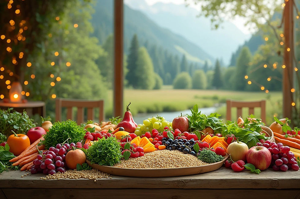 Fresh, colorful array of fruits and vegetables on a wooden table, emphasizing vitality and Pranic energy.