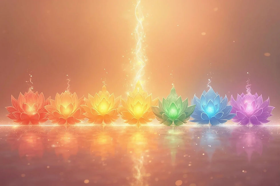 Seven glowing lotus flowers representing chakras on a serene water surface, reflecting energy harmony.