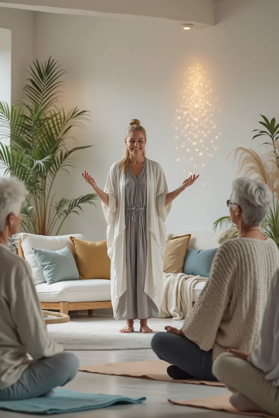 Certified Pranic Healer leading a Superbrain Yoga session at Water Moon, guiding seniors and students through focused movements to enhance brain function.