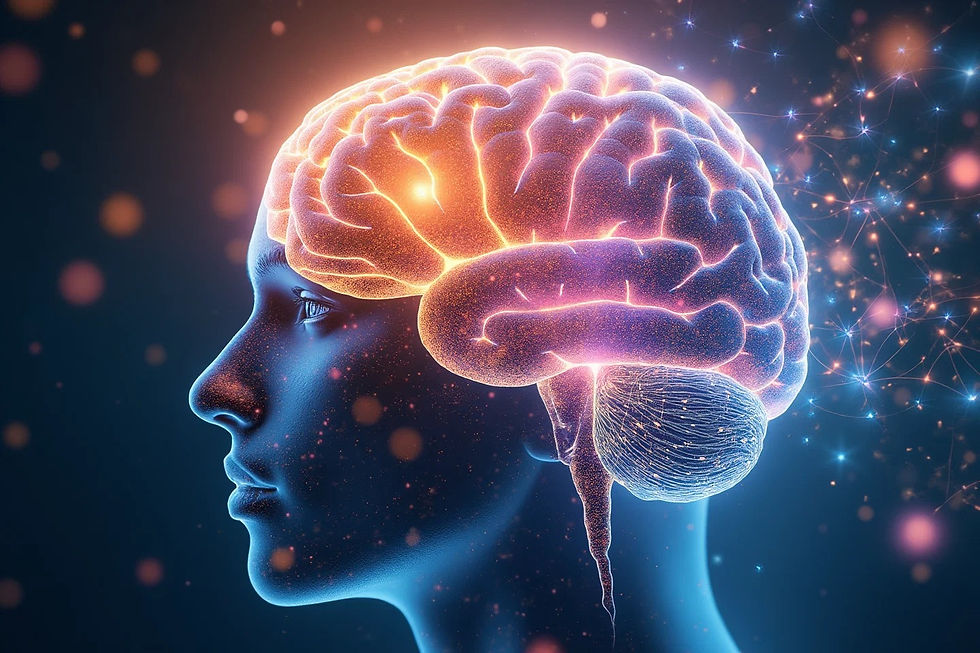 Illustration of a human brain highlighted with neural connections and glowing energy paths, symbolizing Neuro-Linguistic Programming.