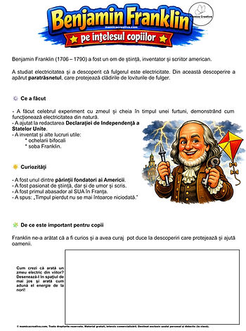 Fișă educativă despre Benjamin Franklin, cu titlul Benjamin Franklin pe înțelesul copiilor și ilustrație cu zmeu în furtună.