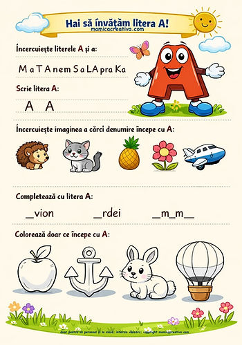 Fișă educativă colorată: Hai să învățăm litera A!, cu A zâmbitor, exerciții de încercuit, scris și colorat imagini.