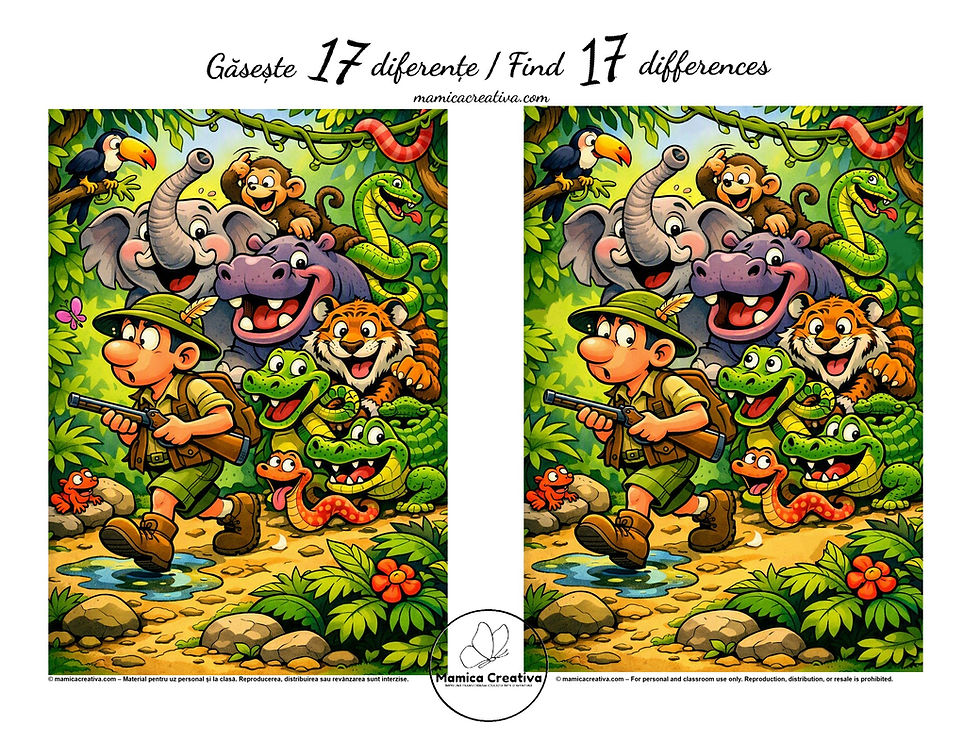 Pagină „Găsește 17 diferențe / Find 17 differences” cu două scene junglă: explorator, animale zâmbitoare, stil colorat și vesel.