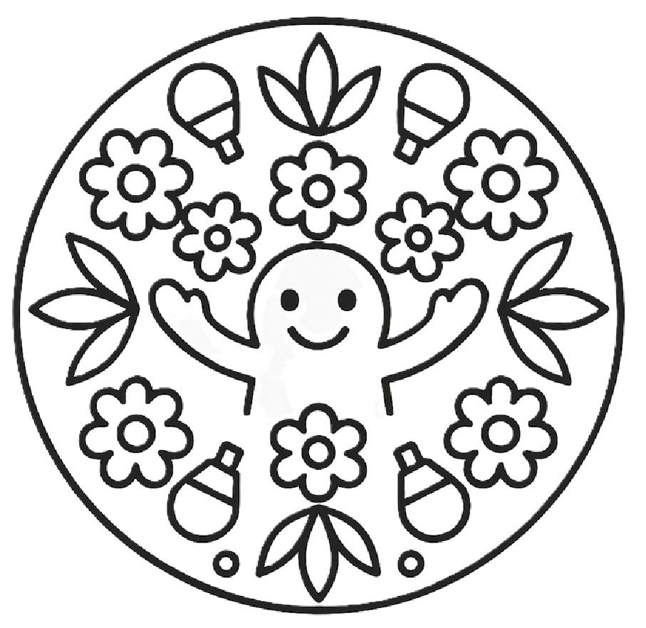 Desen alb-negru cu un personaj vesel central înconjurat de flori, frunze și becuri stilizate într-un cerc, creând o atmosferă jucăușă.