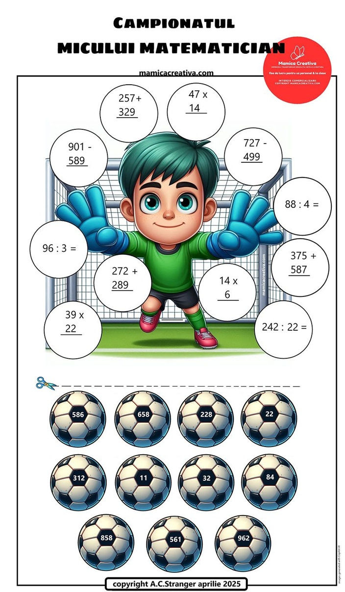 Băiat desenat în poartă cu mănuși albastre, înconjurat de probleme matematice. Sub el, mingi de fotbal cu numere. Text: "Campionatul Micului Matematician". Emoție jucăușă.