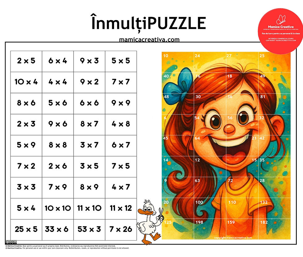 Puzzle de înmulțire cu o fată veselă în dreapta, cu fundal albastru și galben. Text: ÎnmulțiPUZZLE, mamicacreativa.com.
