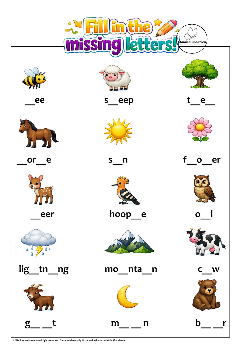 Fișă educativă Fill in the missing letters cu animale și natură, cuvinte incomplete și spații de completat.