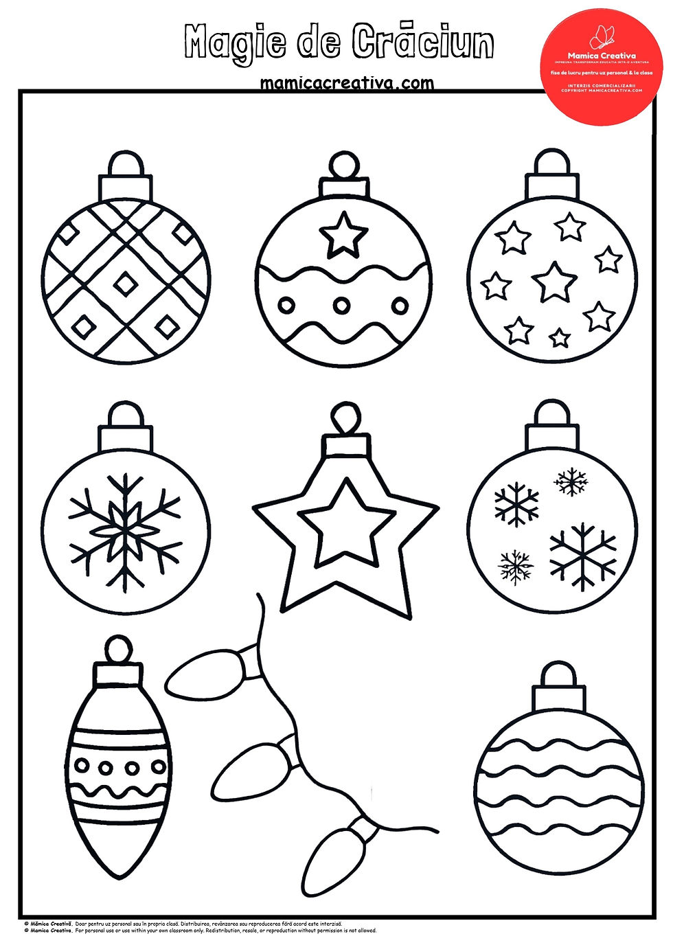 Schițe de ornamente de Crăciun alb-negru cu motive variate, incluzând globuri și o luminiță, sub titlul "Magie de Crăciun".
