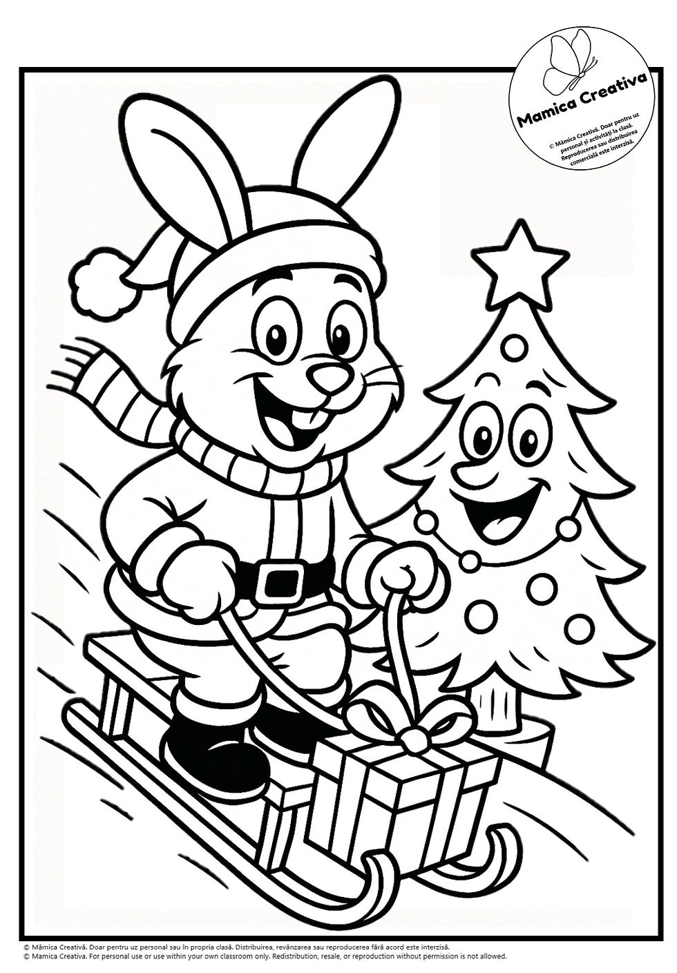 Iepuraș cu fular și căciulă zâmbește pe sanie cu cadou, alături de un brad cu față veselă, fundal alb-negru. Text "Mamica Creativa".