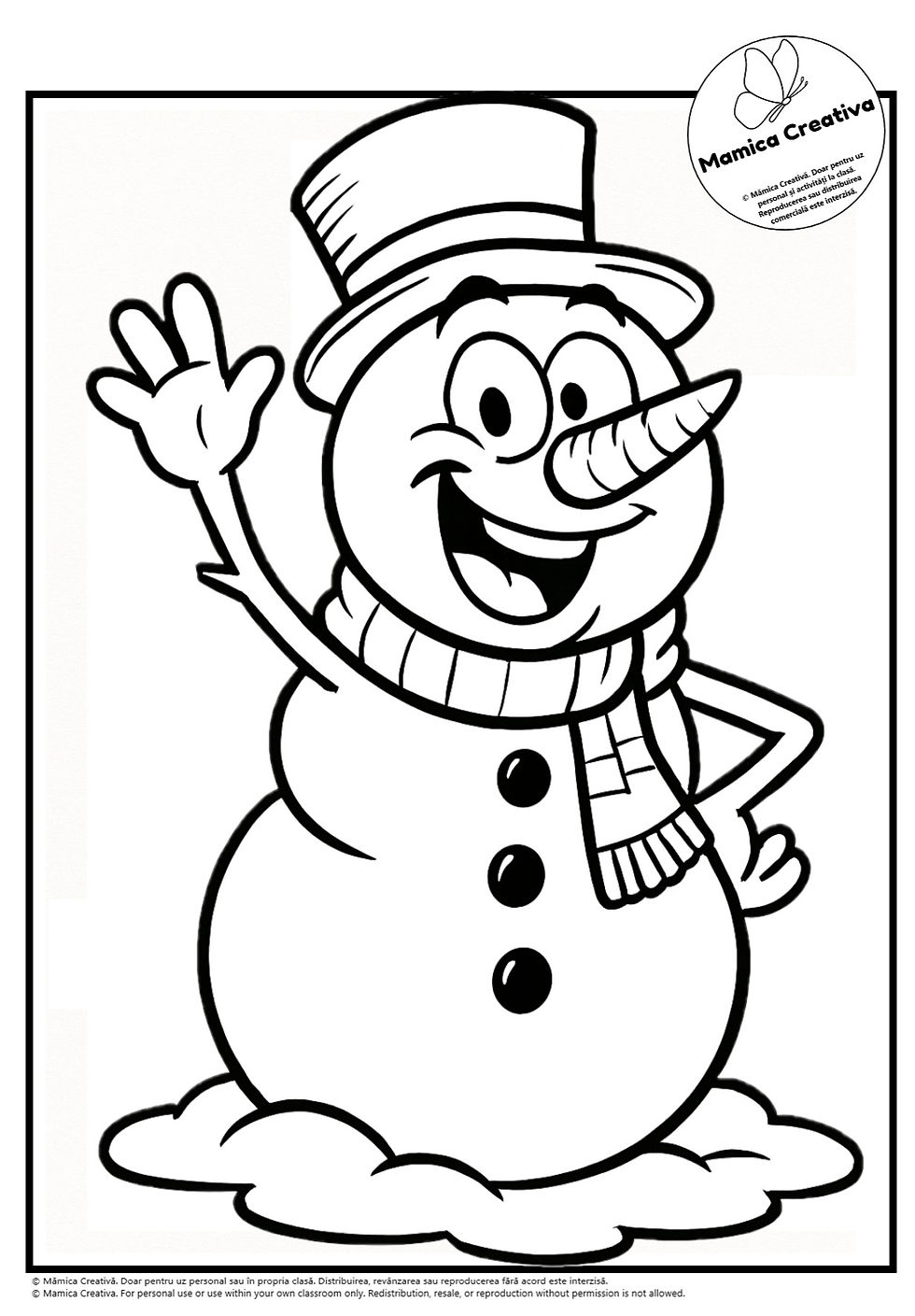 Om de zăpadă vesel, cu joben și fular, ridică o mână în aer pe fundal alb-negru. Emoție jovială. Text: Mamica Creativa.