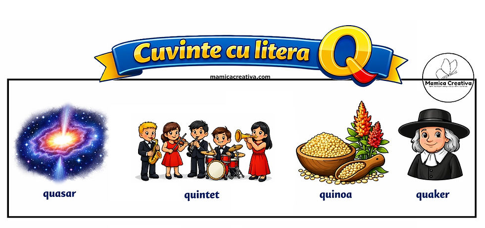 Imagine cu un quasar, un quintet de copii cântând, quinoa într-un bol și un bărbat îmbrăcat ca un quaker. Textul: Cuvinte cu litera Q.