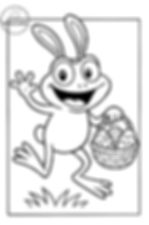 Broască fericită, cu coș plin de ouă de Paște decorate, sare pe iarbă. Fundal simplu. Logo "Manica Creativa" în colț.