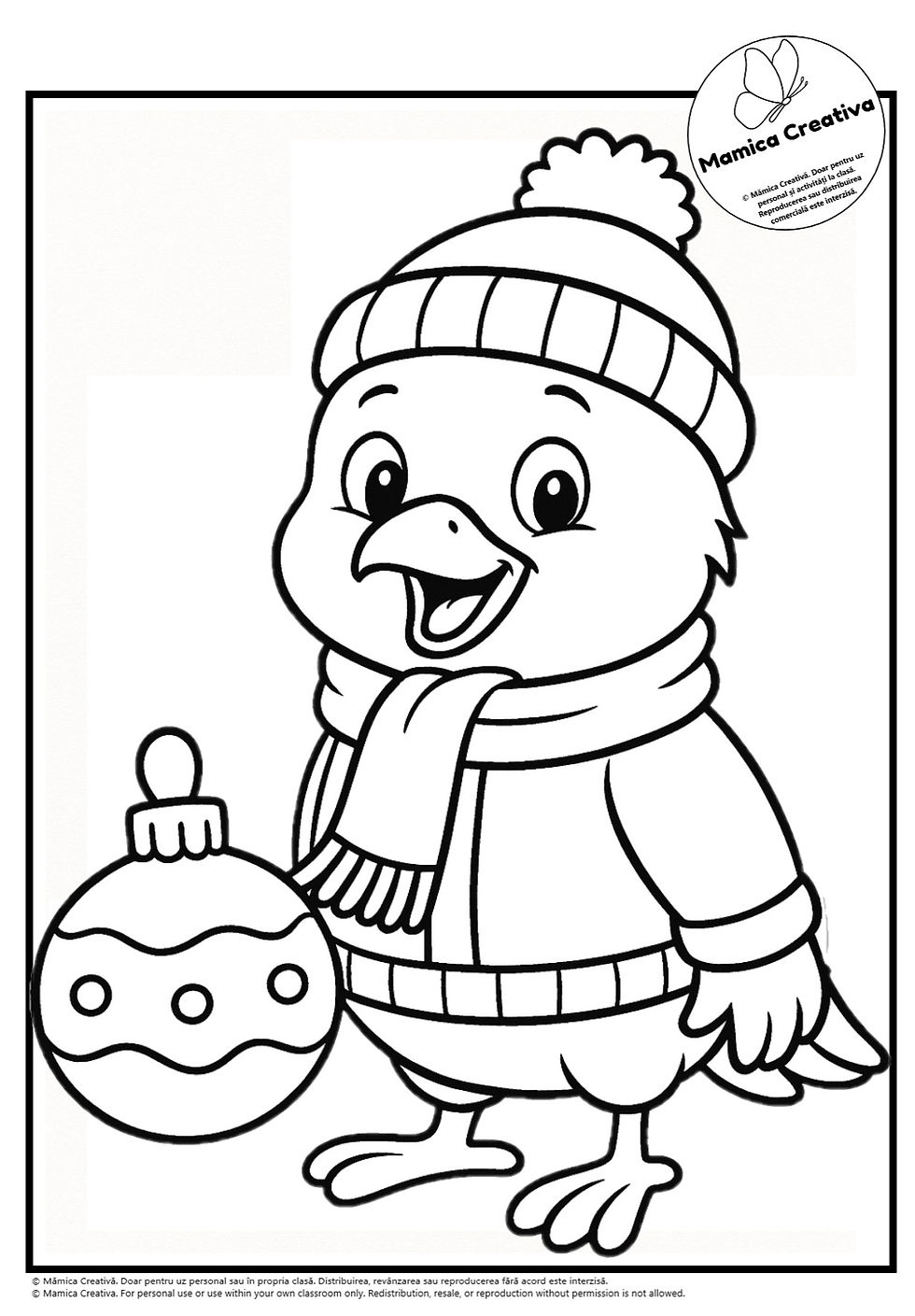 Pui de pasăre vesel cu căciulă și fular, ținând un glob de Crăciun decorat. Fundal simplu. Text: Mamica Creativa. Mood prietenos.