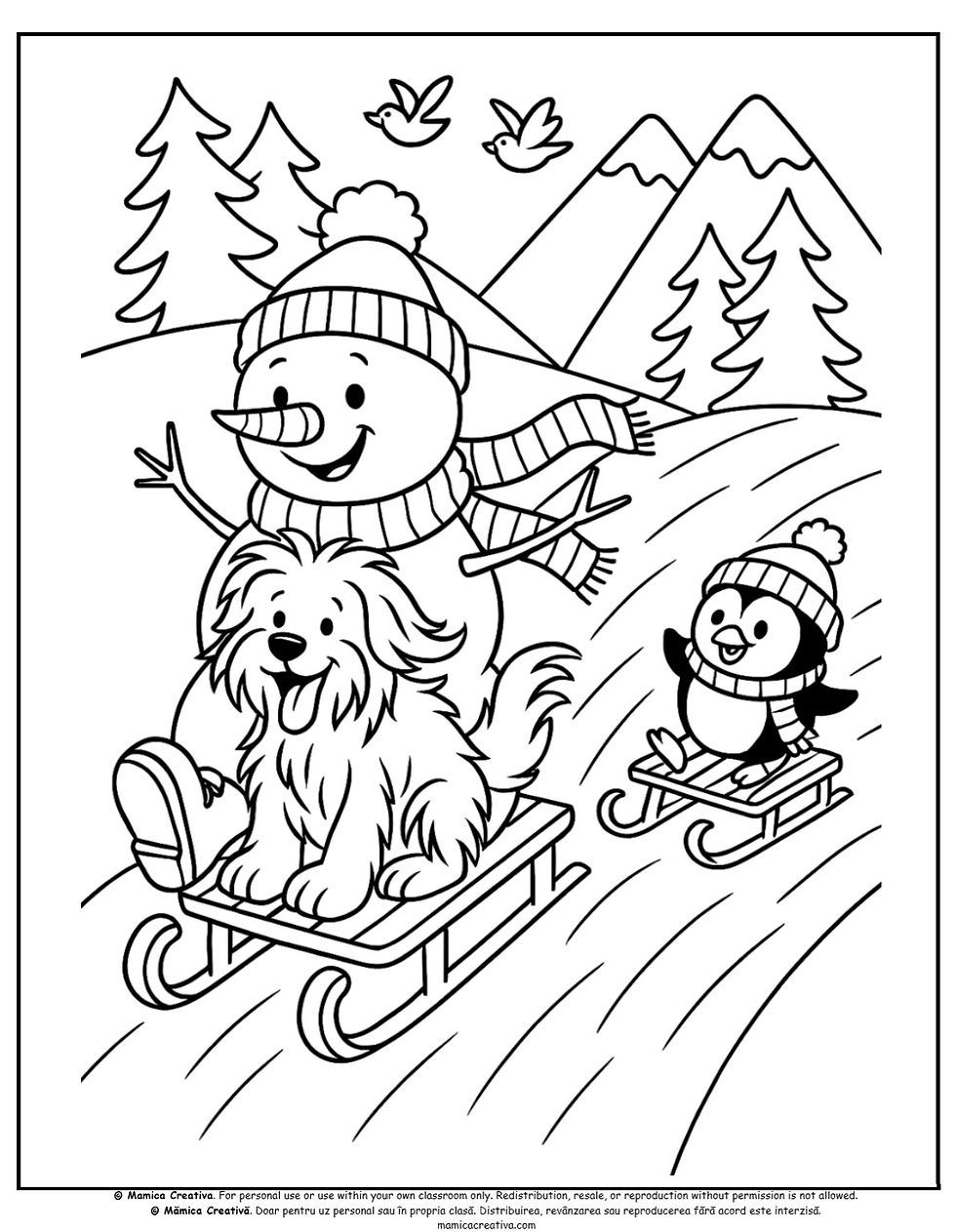 Om de zăpadă și un câine vesel pe o sanie, un pinguin pe altă sanie. Fundal munți, brazi și păsări zburând. Scenă de iarnă.